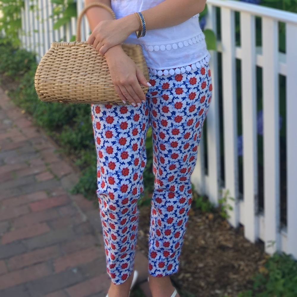 Red White and Blue Floral Lands’ End Stretch Straight Leg Pants